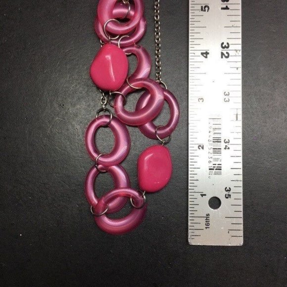Long Double Strand Necklace Pink Abstract Bead Ring Silver Chain Retro Organic - Picture 5 of 6